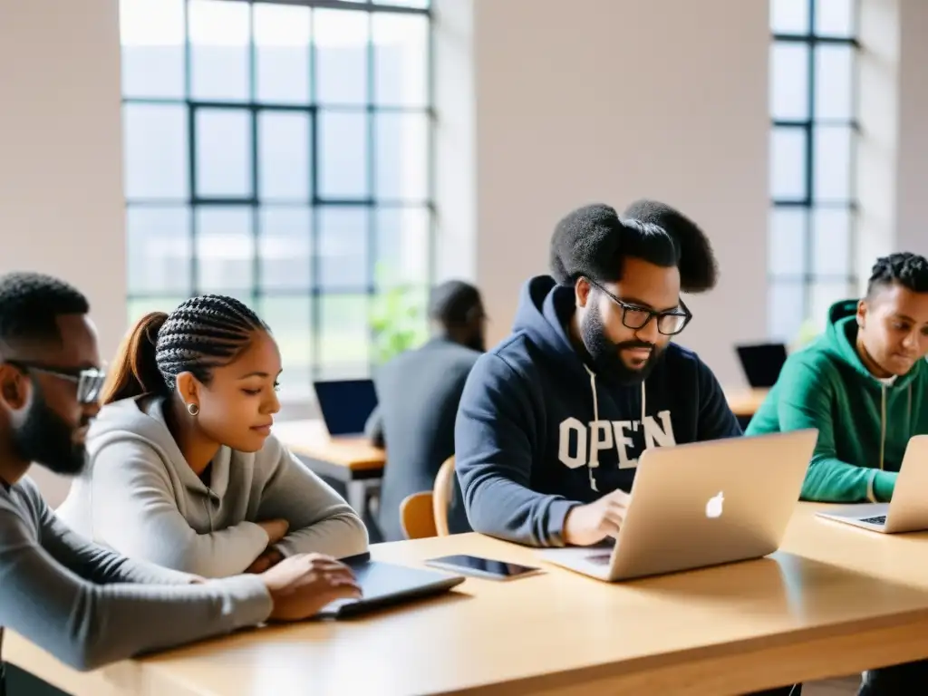 Un grupo diverso de personas de una comunidad vulnerable trabajando juntas en laptops y tablets, rodeadas de tecnología de código abierto