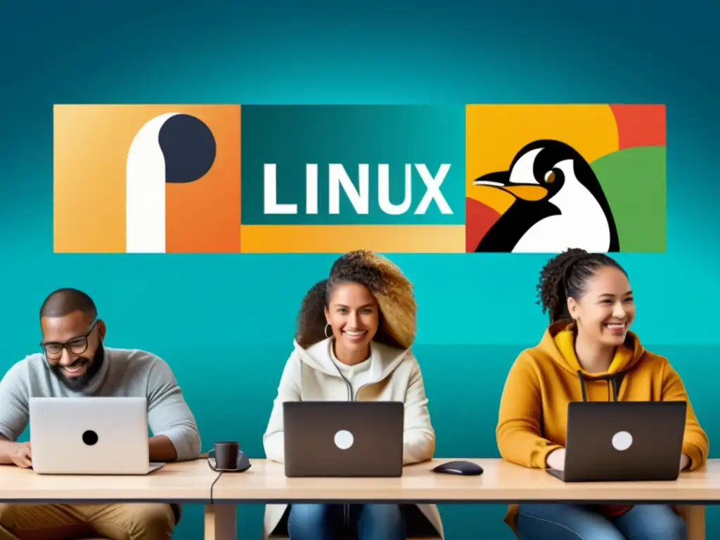 Un grupo diverso de personas de diferentes culturas y etnias colaborando en computadoras con el logo de Linux