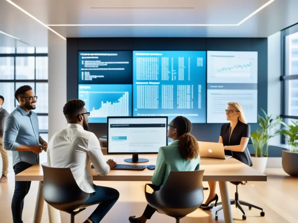 Un grupo diverso de personas colabora en el desarrollo de software en una oficina moderna y luminosa