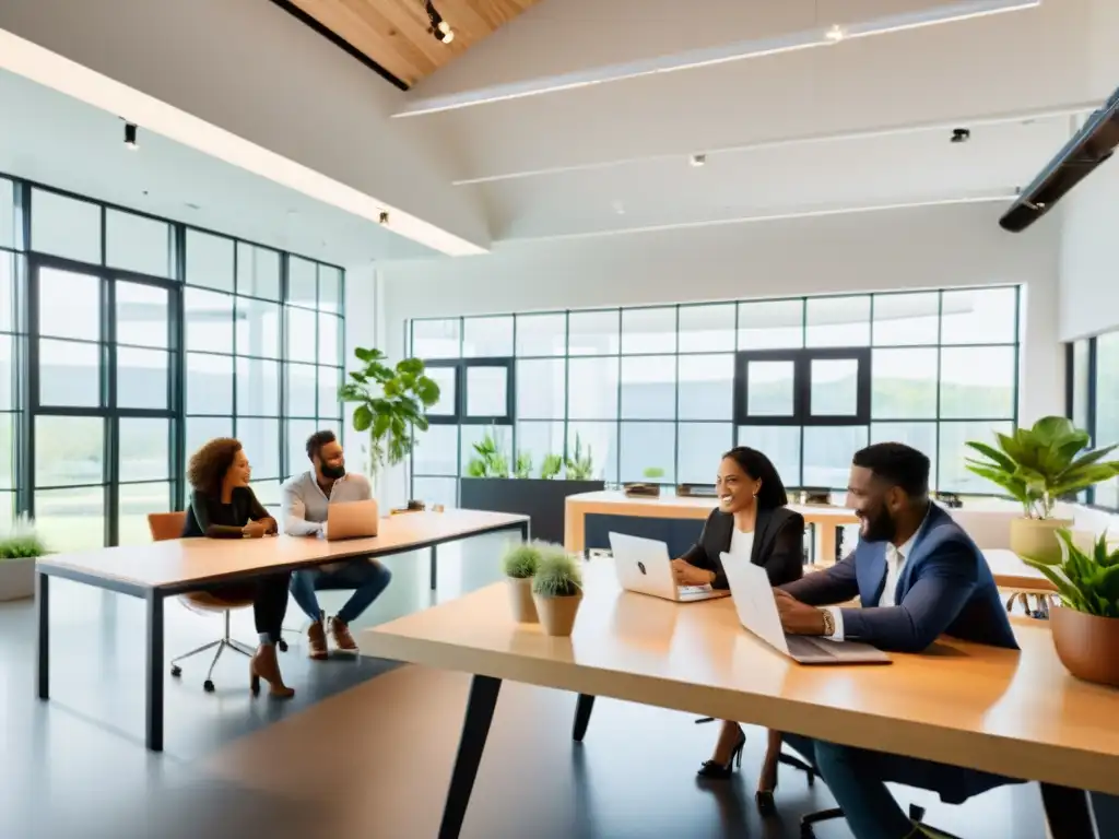 Un grupo diverso de personas trabaja colaborativamente en un espacio de oficina moderno y luminoso