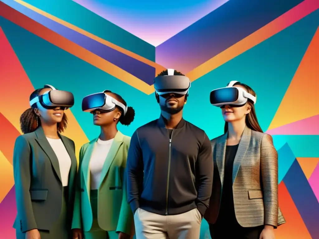 Inmersión en Realidad Virtual: Exploración Creativa y Colaborativa Un grupo diverso de personas inmersas en un paisaje digital futurista mientras usan auriculares de realidad virtual