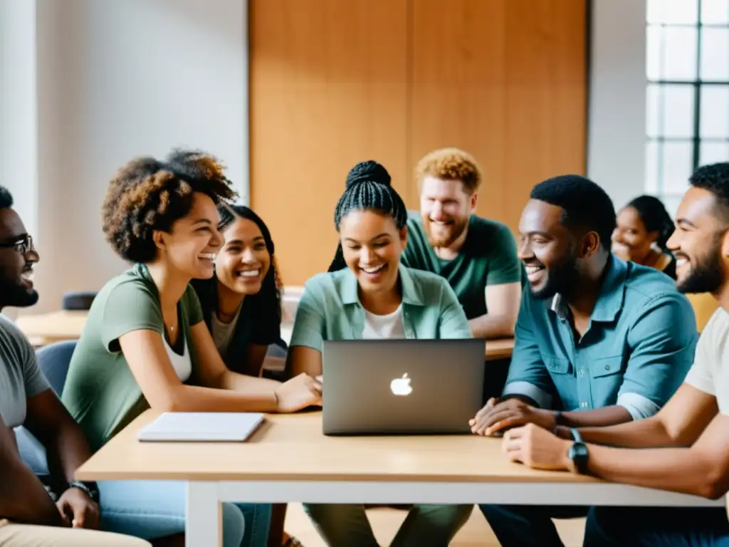 Un grupo diverso de personas colabora en laptops, discutiendo proyectos de código abierto