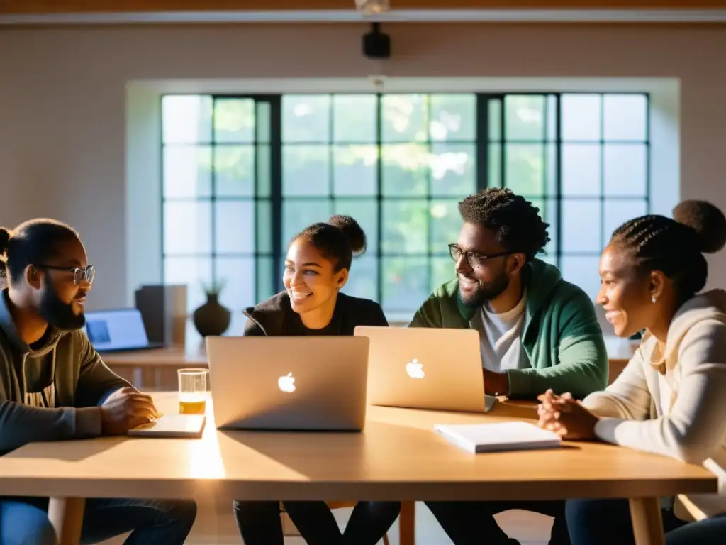 Un grupo diverso de personas discutiendo proyectos open source con pasión y determinación, en un ambiente de liderazgo en comunidad open source