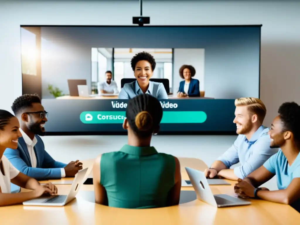 Un grupo diverso de profesionales y estudiantes participa entusiasta en una videoconferencia con herramientas open source