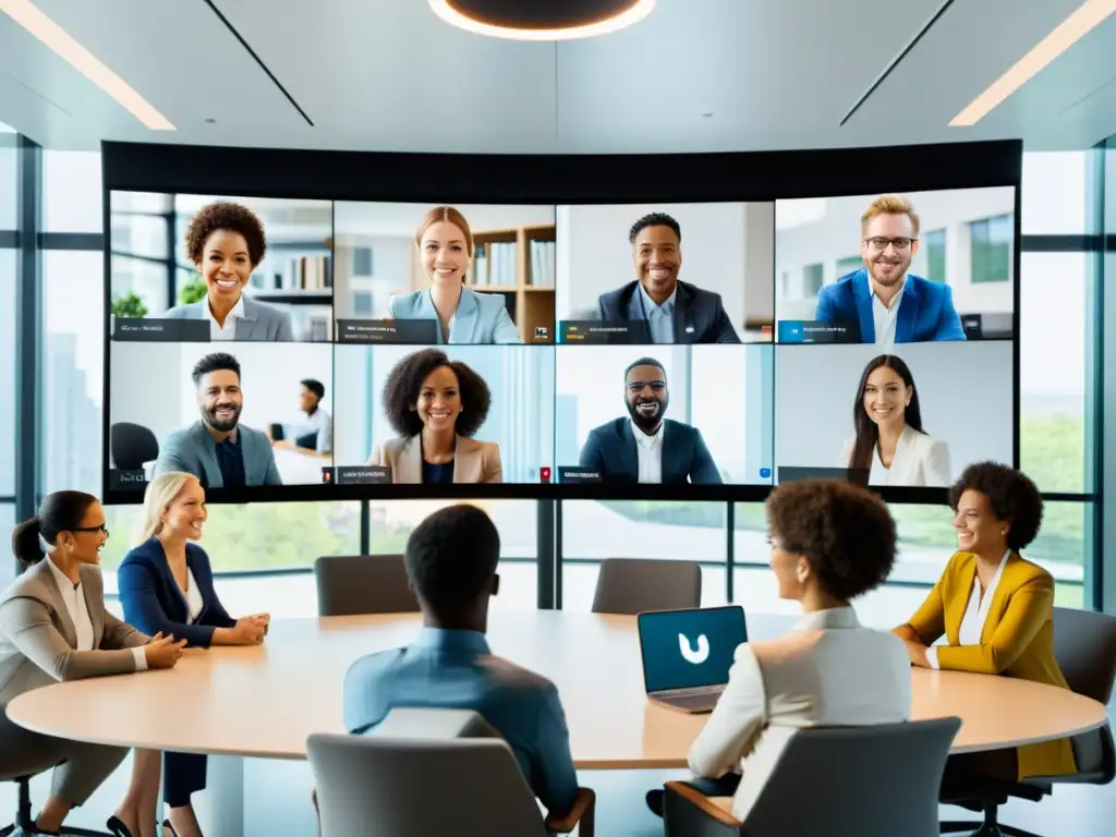 Un grupo diverso de profesionales y estudiantes se reúnen en una videoconferencia, con herramientas open source videoconferencias en pantalla