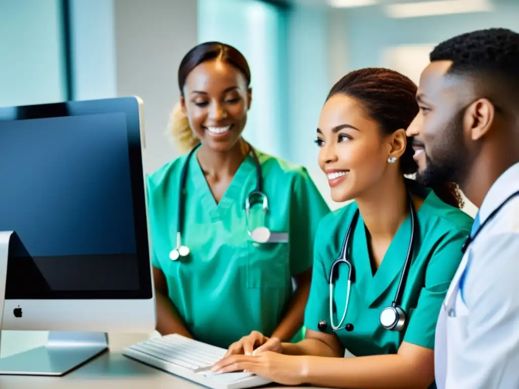 Un grupo diverso de profesionales médicos se reúnen alrededor de una pantalla de ordenador, participando en una consulta virtual con un paciente