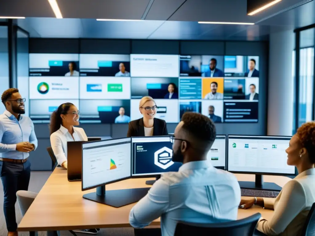 Un grupo diverso de profesionales colabora en un proyecto en una oficina moderna, destacando la interoperabilidad en software de código abierto