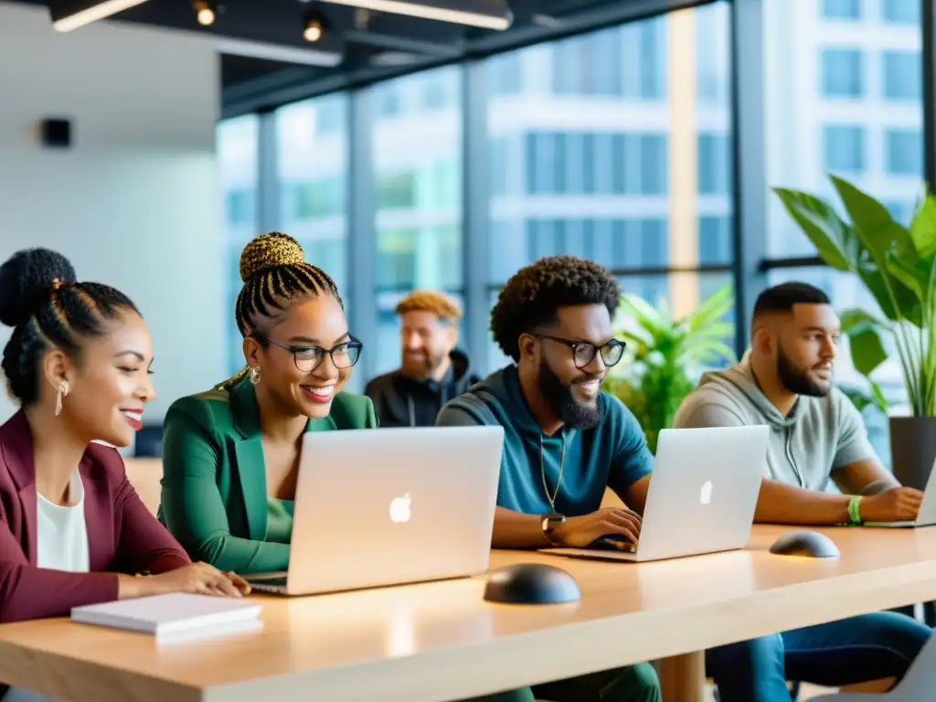 Un grupo diverso de programadores colabora en un espacio de coworking moderno, con IDE ligero Geany para programación