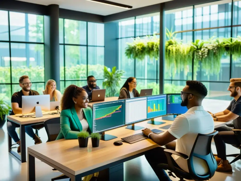 Grupo diverso de programadores colaborando en un espacio de oficina abierto, rodeado de vegetación