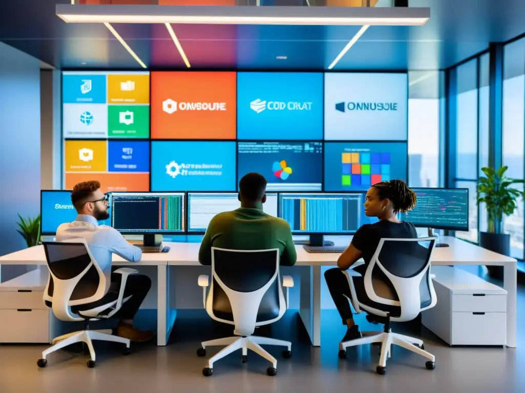 Un grupo diverso de programadores colabora en un espacio de oficina moderno y luminoso, desafiando prejuicios sobre futuro código abierto