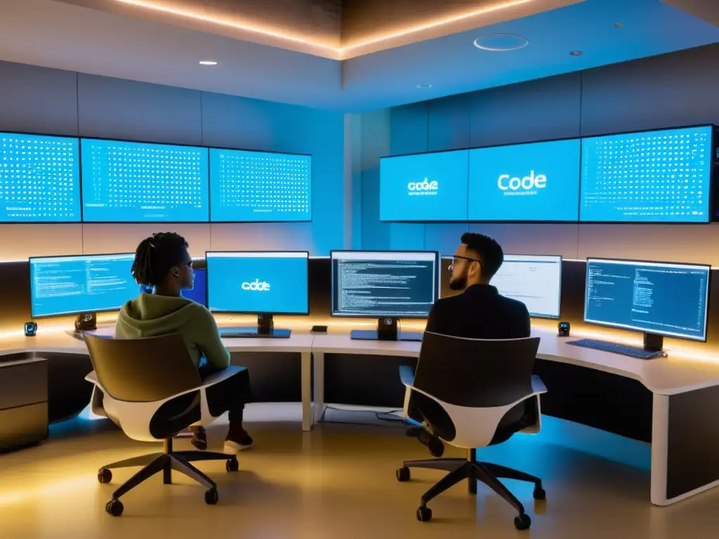Un grupo diverso colabora en un proyecto de código abierto, creando una atmósfera dinámica de innovación en hackathons colaborativos