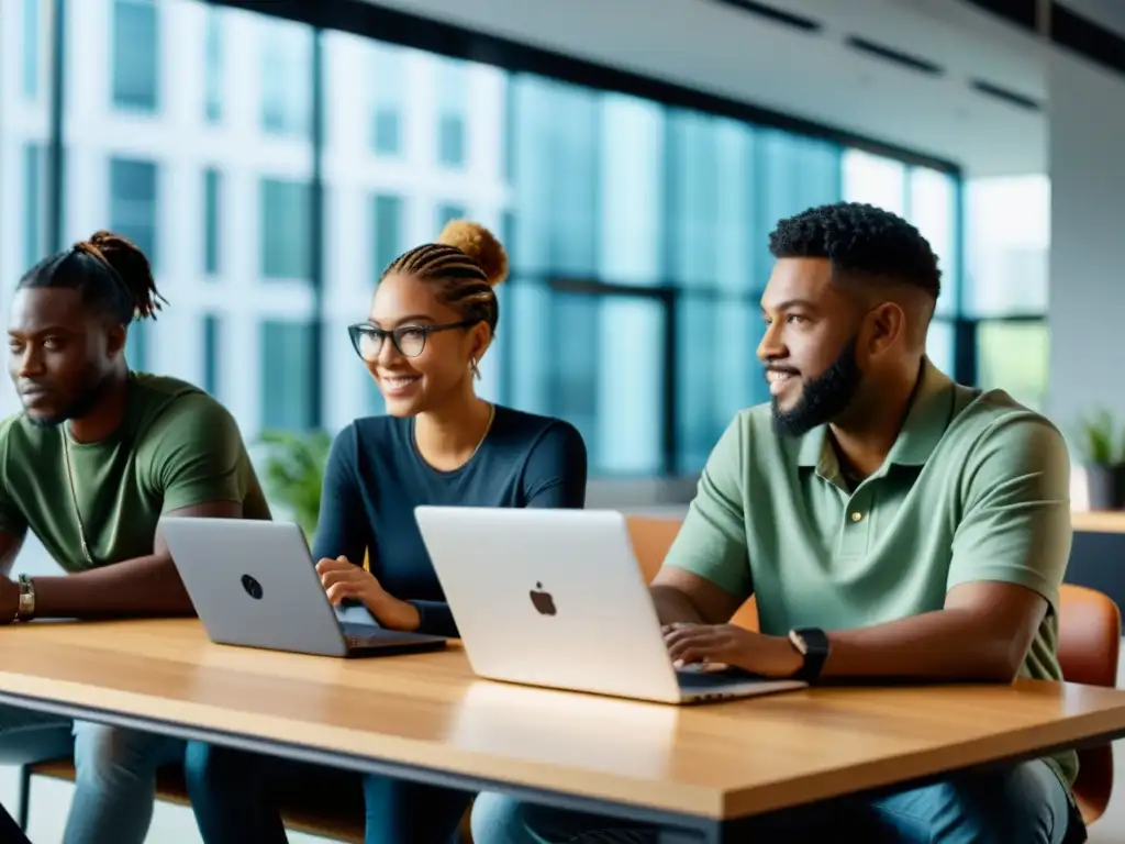 Grupo diverso colaborando en proyecto opensource, discutiendo código y editando juntos en un espacio moderno con luz natural
