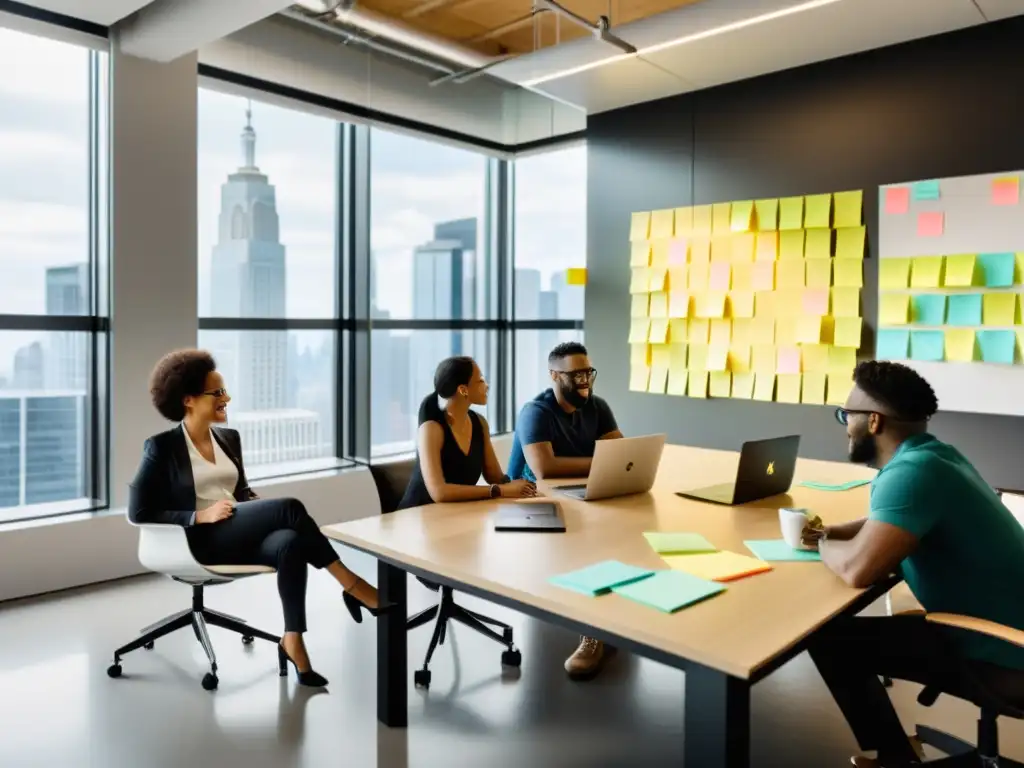 Un grupo diverso colabora en un proyecto de programación en un moderno espacio de oficina con luz natural y una vista urbana vibrante