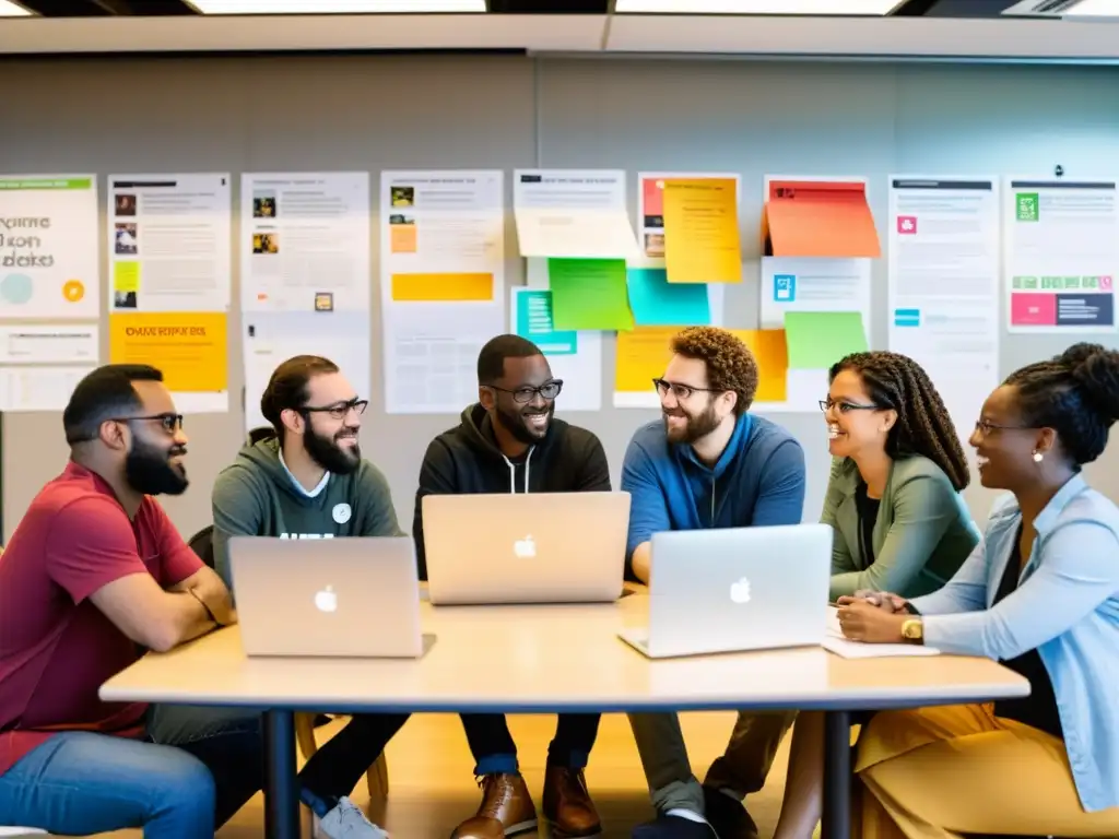Grupo diverso colaborando en proyectos código abierto impacto social, inspirados y apasionados en una sala llena de luz natural y posters coloridos