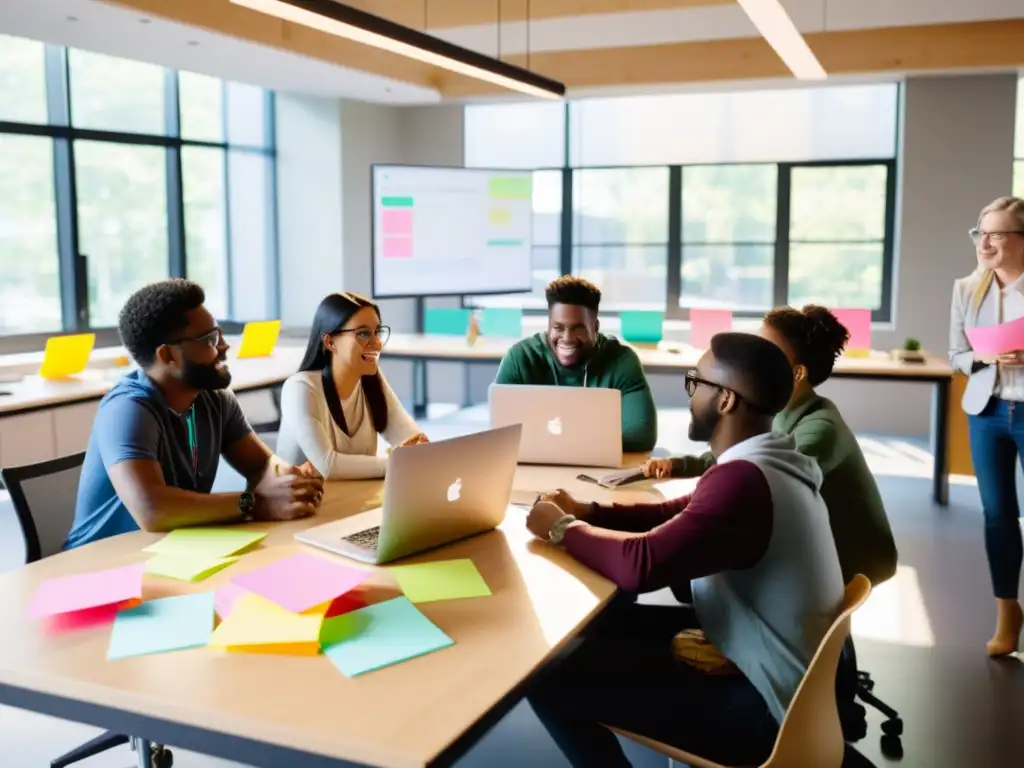 Un grupo diverso colabora en proyectos open source en un espacio moderno y luminoso, reflejando liderazgo en comunidad open source