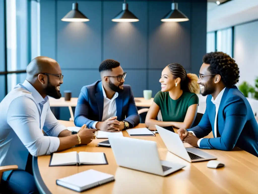 Grupo diverso en reunión profesional, intercambiando ideas en un entorno de oficina moderno