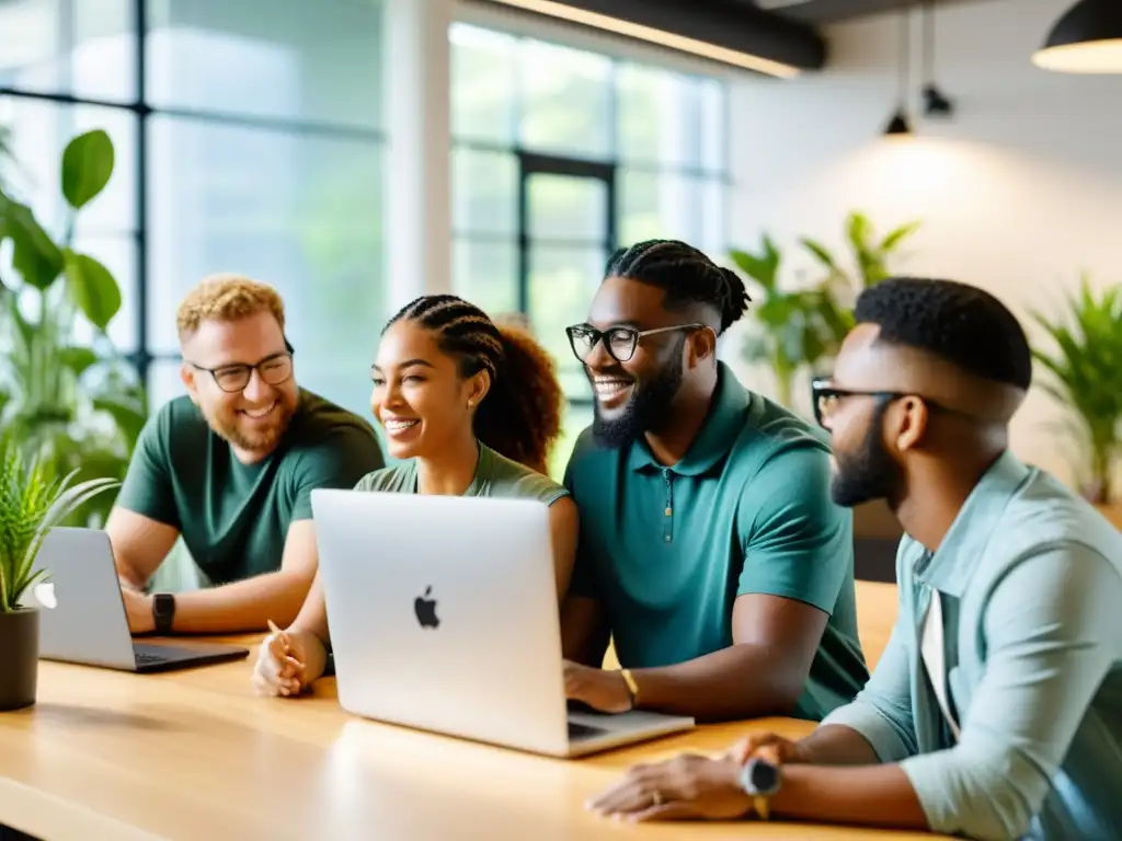 Un grupo diverso colabora en software libre en una oficina moderna y luminosa, reflejando la energía de unirse comunidades educativas software libre