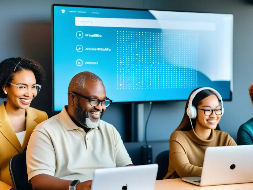 Grupo diverso usando tecnologías de asistencia para acceder a contenido digital