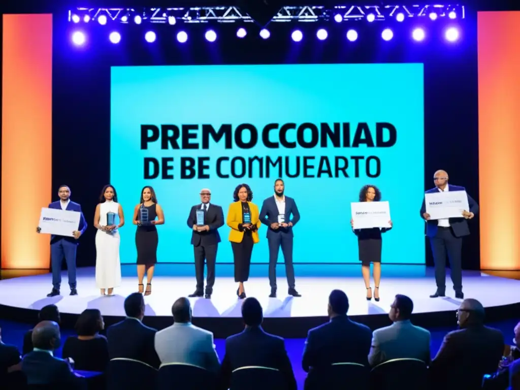 Un grupo diverso celebra con trofeos y certificados en un escenario, rodeados de emoción y alegría