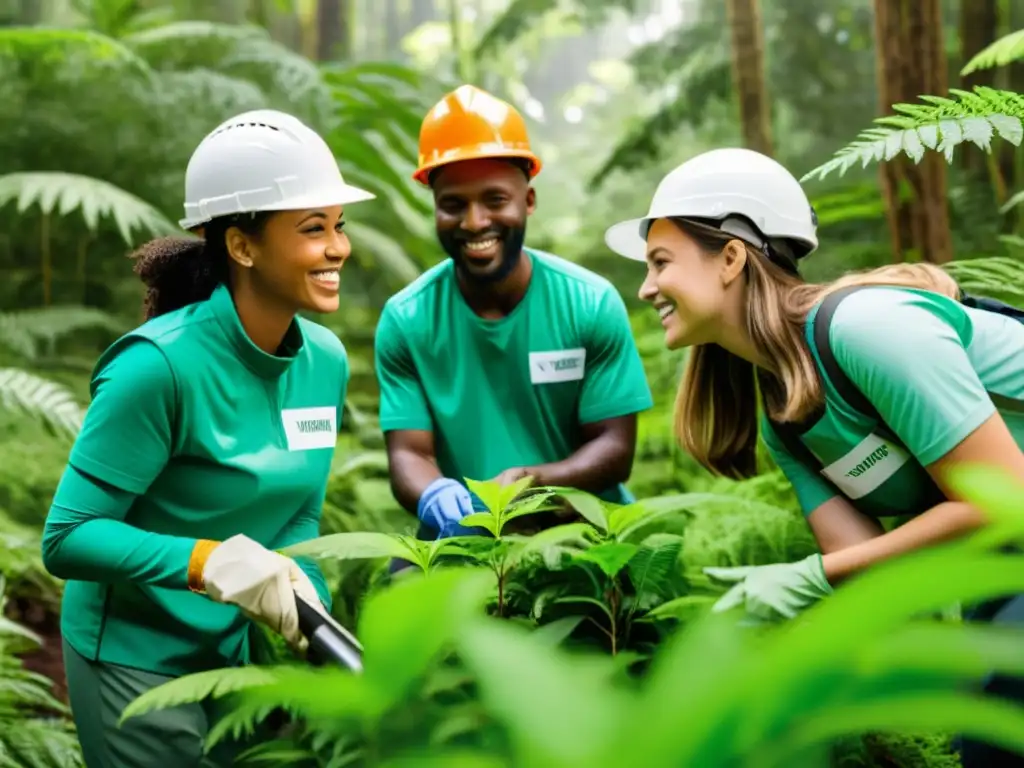 Un grupo diverso de voluntarios trabaja juntos en un bosque exuberante, realizando actividades de conservación