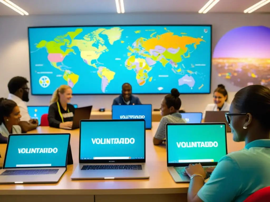 Grupo diverso de voluntarios colaborando en software de código abierto, rodeados de material educativo y mapas globales coloridos, en un ambiente profesional y dinámico