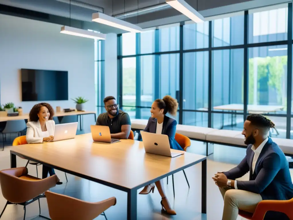 Grupo de emprendedores colaborando en un dinámico espacio de oficina, mostrando el espíritu de startups de código abierto prometedoras