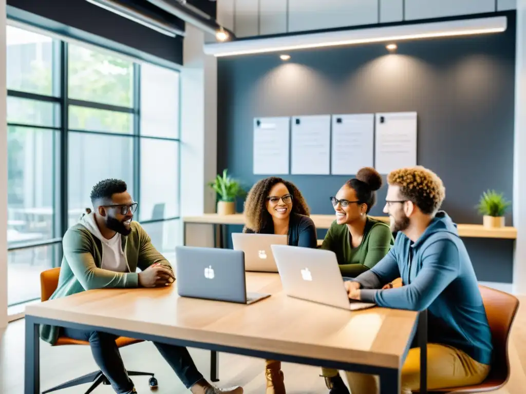 Un grupo de emprendedores tech diverso colaborando en un espacio de coworking moderno, con luz natural y decoración contemporánea