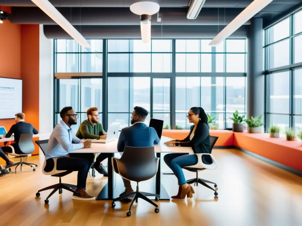 Un grupo de emprendedores colabora en un espacio de coworking, irradiando energía creativa y profesional