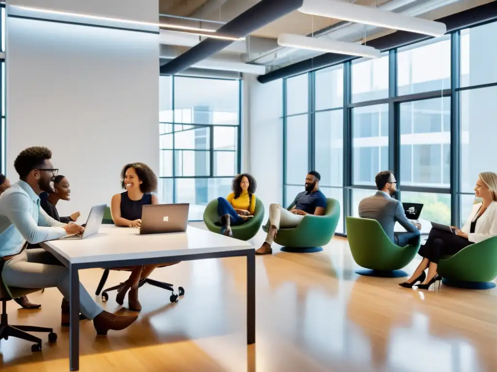 Grupo de emprendedores colaborando en un espacio de oficina moderno, lleno de luz natural