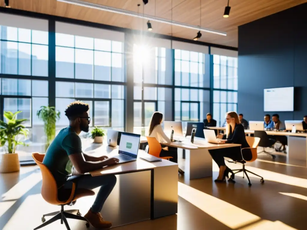 Un grupo de emprendedores jóvenes colaborando en un espacio de oficina moderno, impulsados por la innovación y la energía del open source