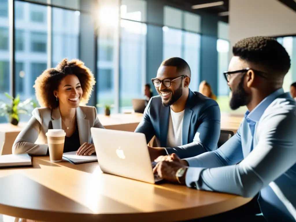 Grupo de emprendedores colaborando en una oficina moderna