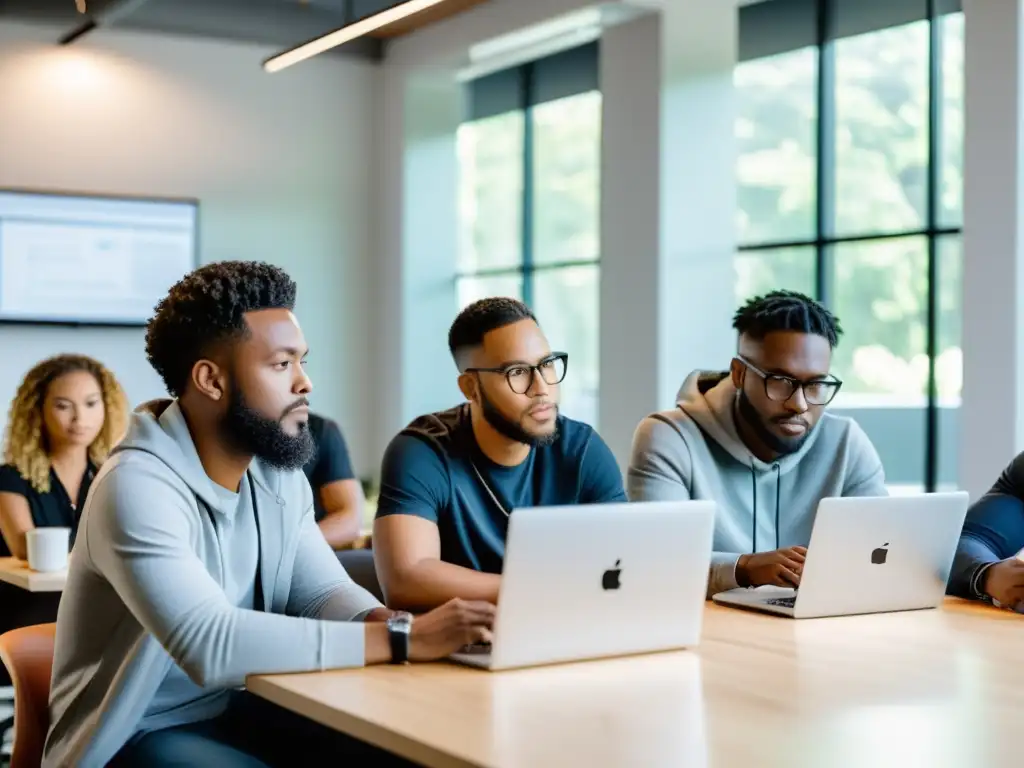 Un grupo de emprendedores tech-savvy colabora en una oficina moderna, con energía creativa y ambiente innovador