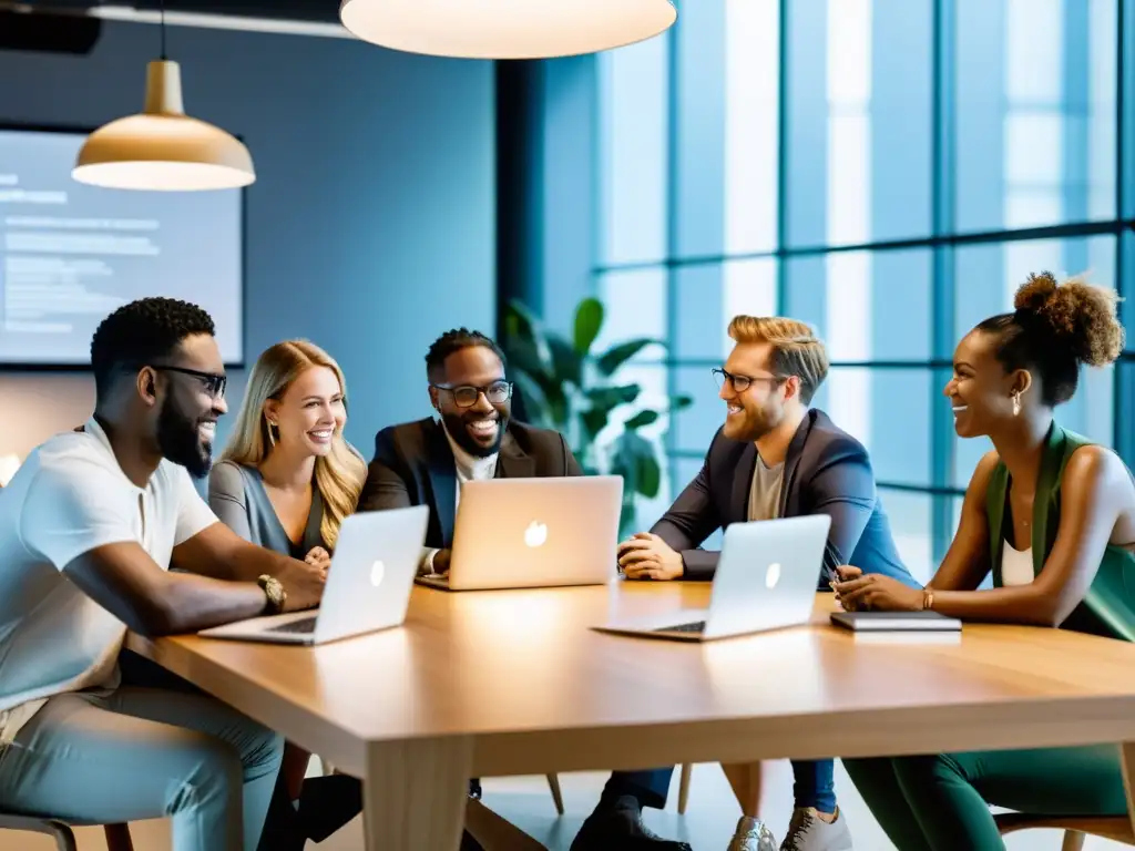 Grupo de emprendedores tech colaborando en proyecto con laptops, papeles y moderno espacio de oficina