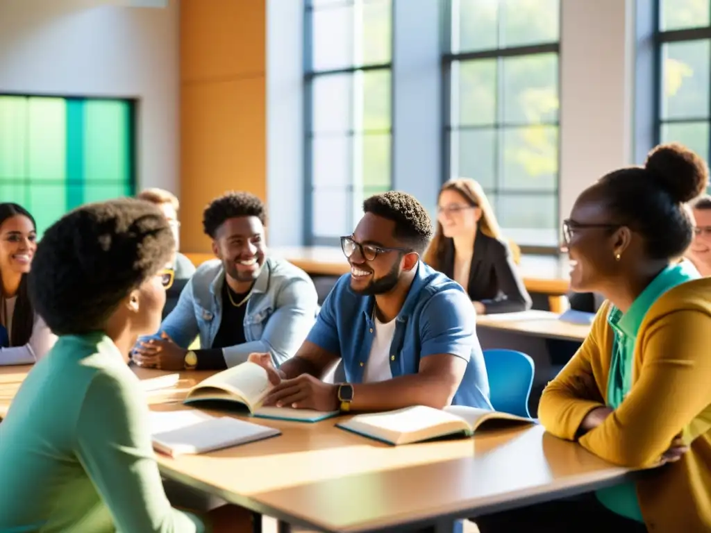 Grupo de estudiantes y profesores participando en animada discusión en aula moderna, rodeados de libros con coloridas portadas