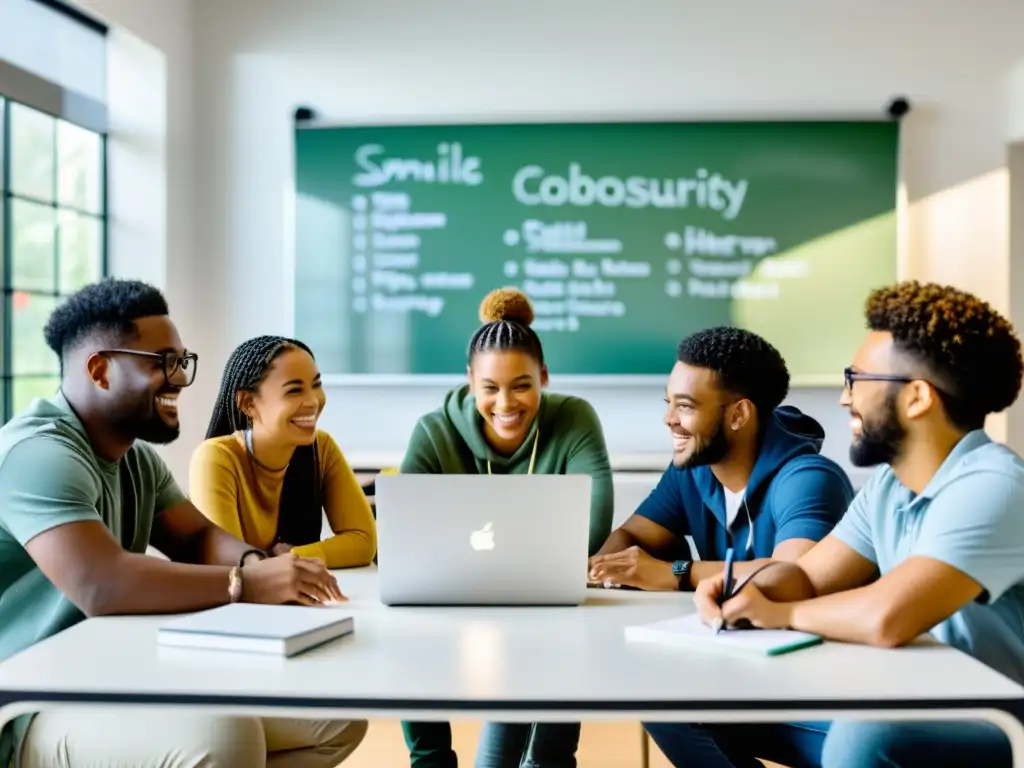 Grupo de estudiantes colaborando en un proyecto en un ambiente inclusivo y tecnológico en el Club de Código Abierto Universidad