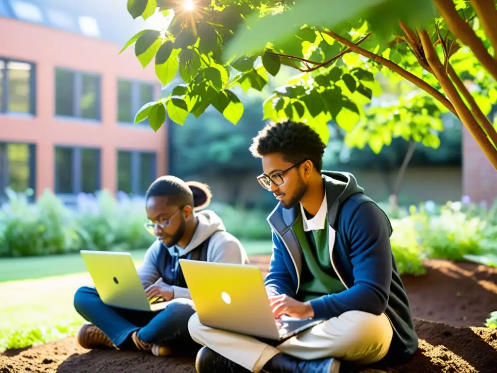 Un grupo de estudiantes diversos trabaja en un proyecto ecológico, usando software de código abierto para crear un jardín sostenible