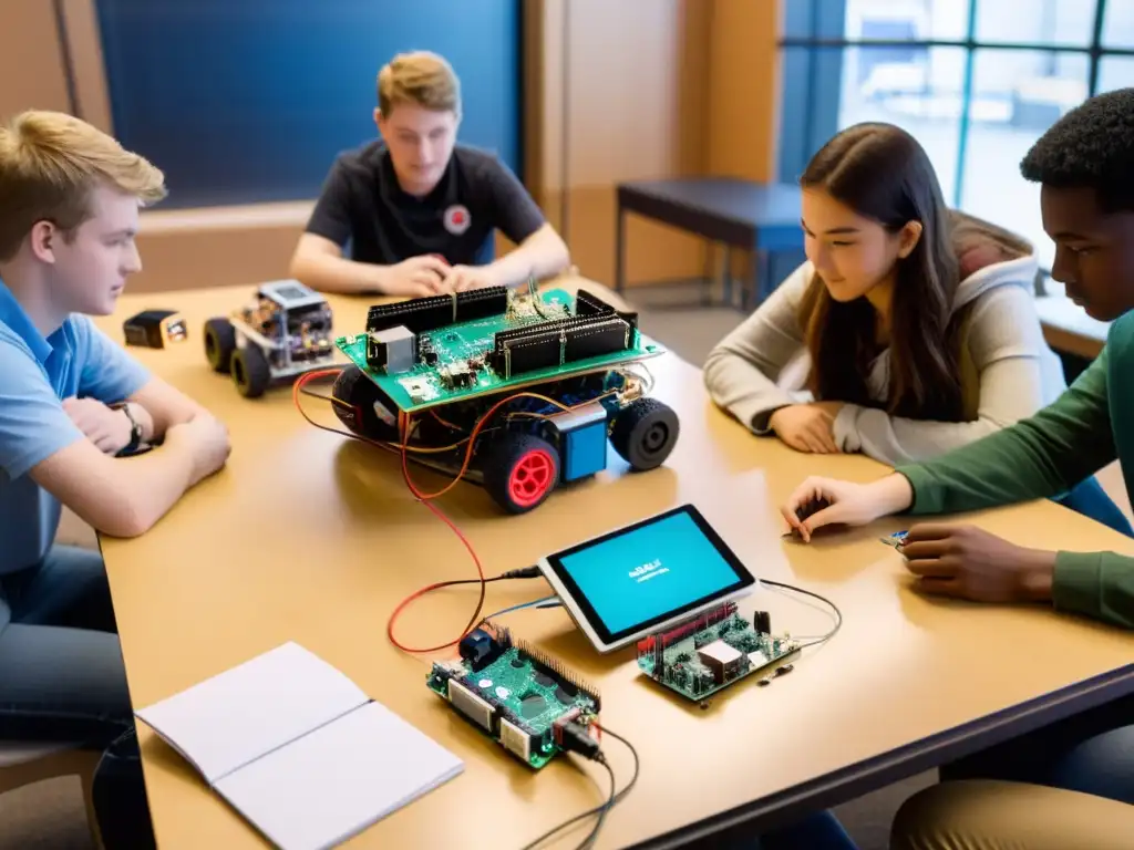 Grupo de estudiantes colaborando en proyectos de robótica con Arduino y Raspberry Pi, con energía y entusiasmo creativo