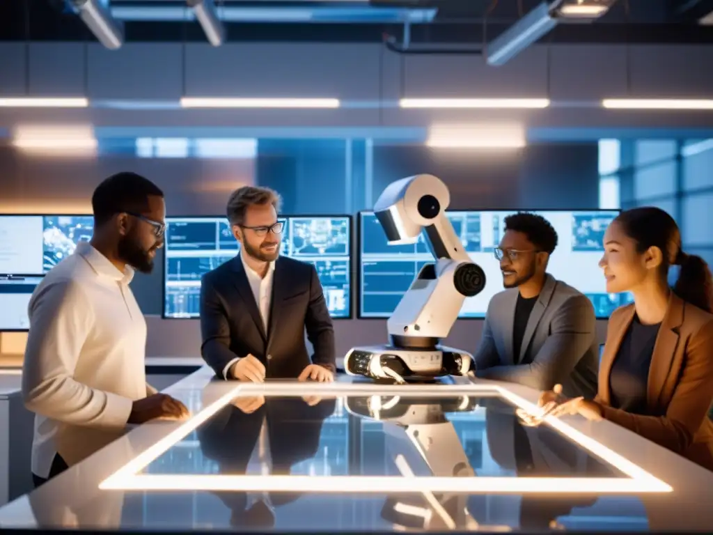 Un grupo de ingenieros y robotistas colaborando en un laboratorio de alta tecnología, rodeados de robots avanzados y tecnología