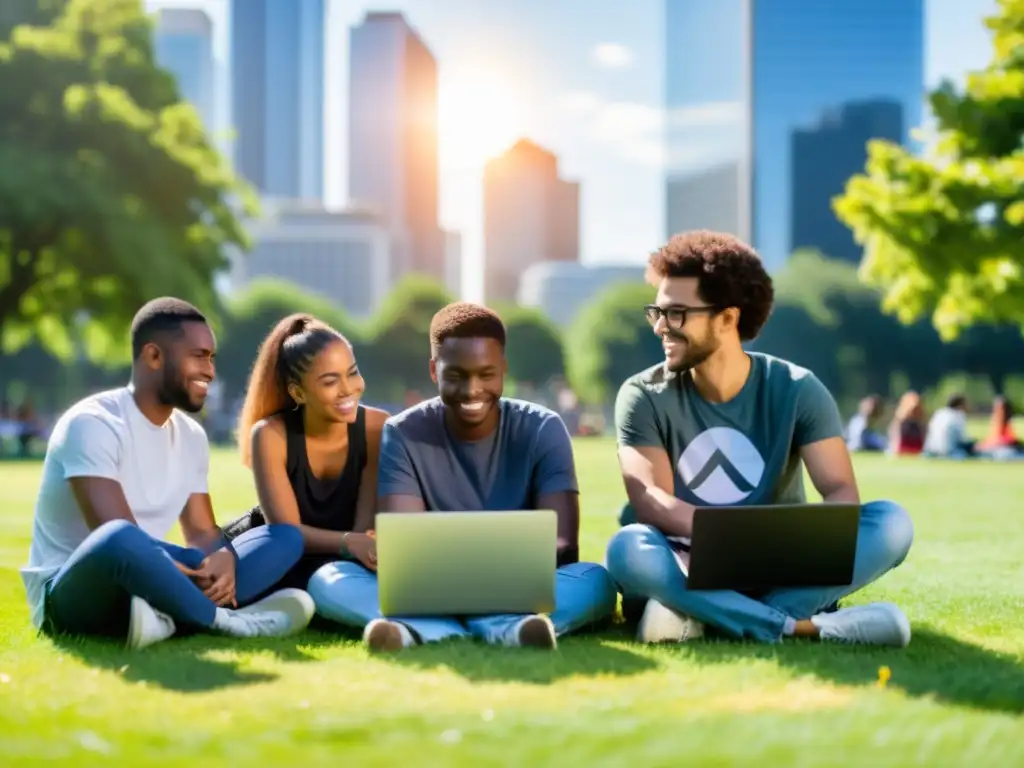 Grupo joven colaborando en un parque, con laptops y notas