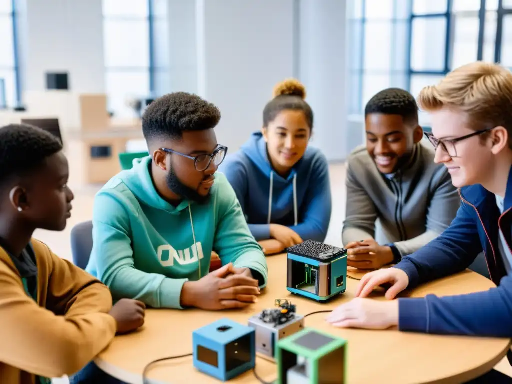 Un grupo de jóvenes colabora en un taller de tecnología rodeados de equipos modernos