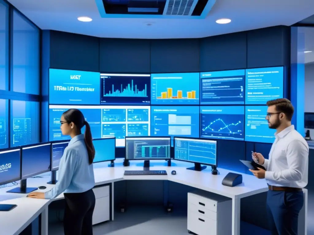 Grupo trabajando en laboratorio moderno con dispositivos IoT, monitoreando datos ambientales