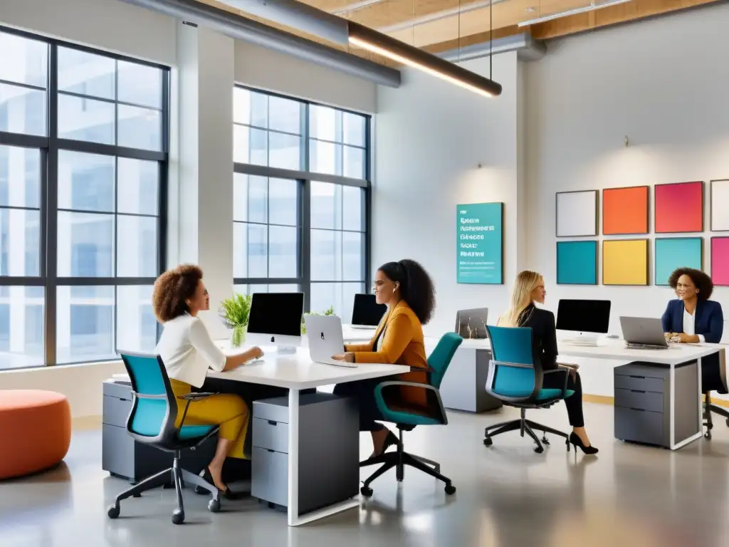 Un grupo de mujeres diversas colabora en un espacio de oficina moderno y acogedor, rodeado de arte inclusivo y tecnología de vanguardia