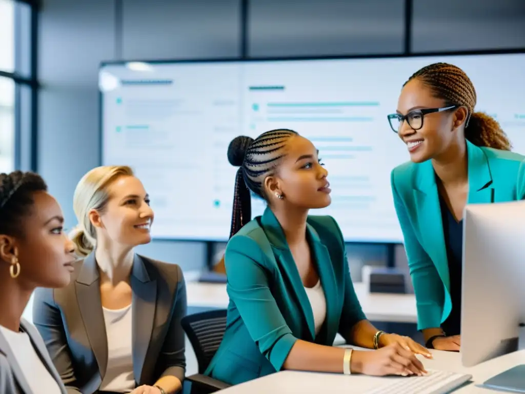 Un grupo de mujeres diversas colaborando en un proyecto de codificación en una oficina moderna