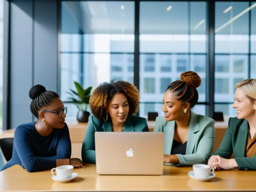 Un grupo de mujeres diversas colaborando en proyectos de codificación en una oficina moderna