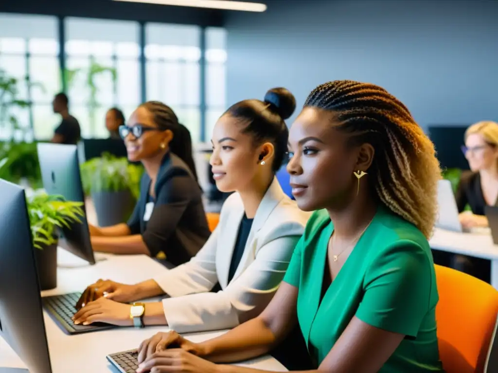 Grupo de mujeres empoderadas trabajando juntas en un espacio tecnológico moderno, cerrando la brecha de género en tecnología