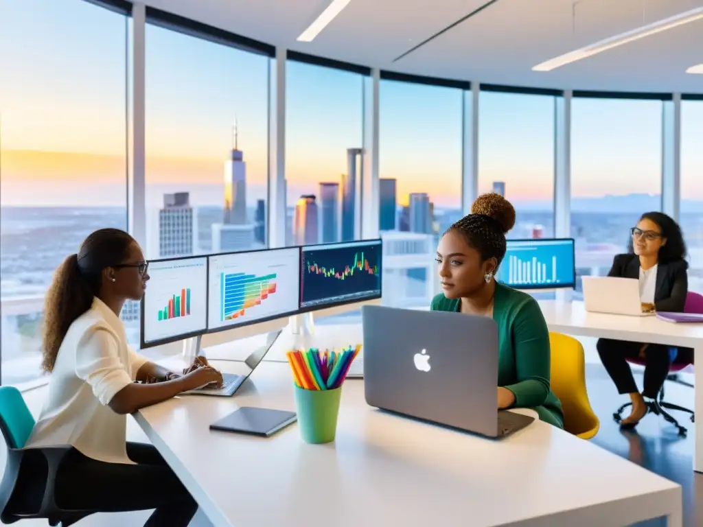 Un grupo de mujeres diversas codificando juntas en un aula moderna y luminosa, con una gran ventana que muestra una vista panorámica de la ciudad