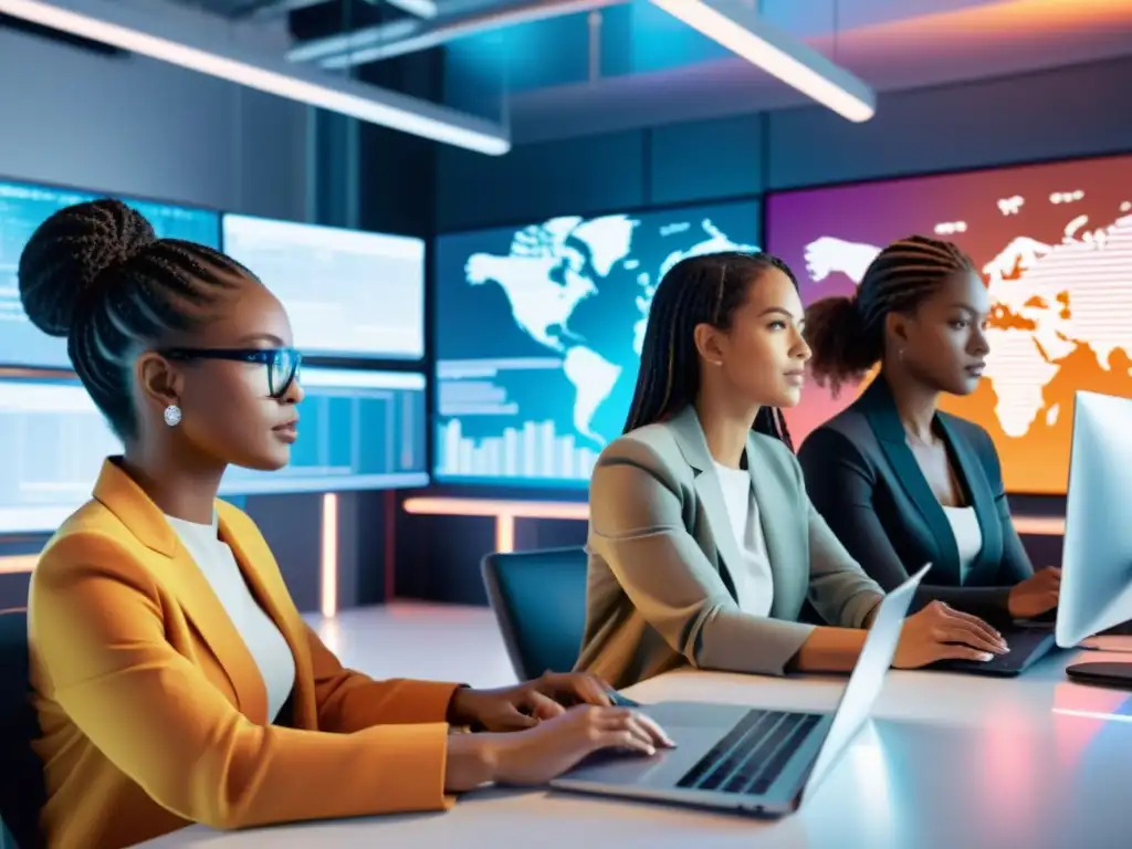 Un grupo de mujeres diversas codificando juntas en un espacio tecnológico brillante y moderno