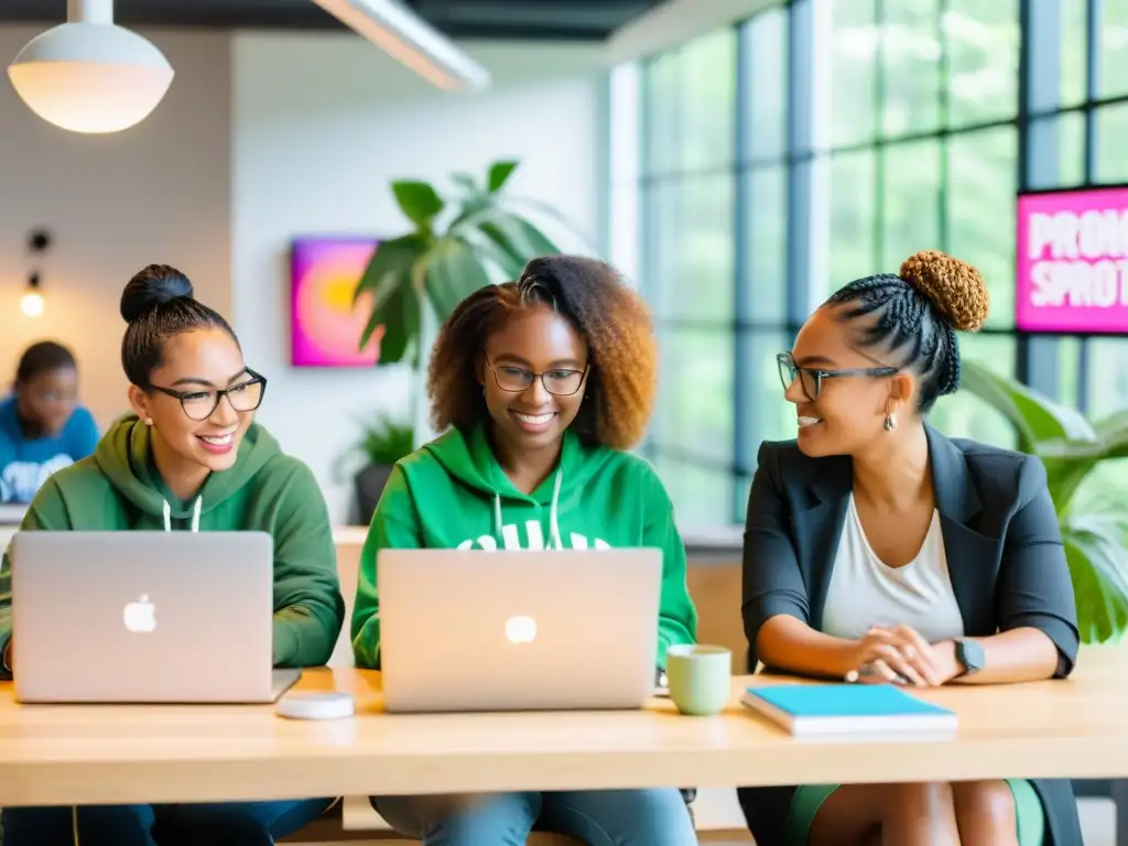 Grupo de mujeres diversas codificando juntas en un espacio de coworking moderno y luminoso, rodeadas de naturaleza