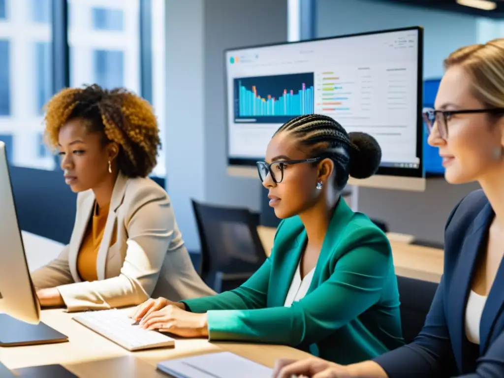 Un grupo de mujeres profesionales diversas colaborando en proyectos de código en una oficina moderna y luminosa