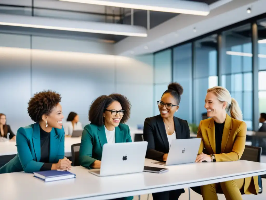 Grupo de mujeres profesionales colaborando en un espacio de oficina moderno, promoviendo la equidad de género en tecnología